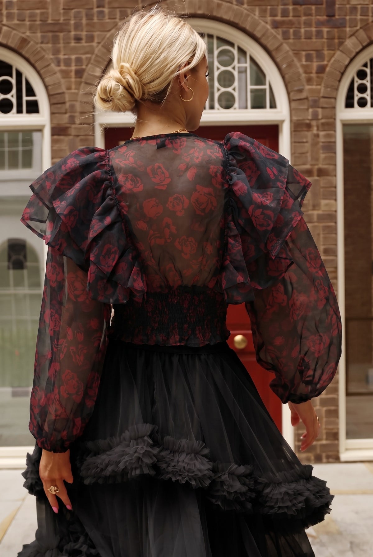 Statement Organza Ruffle Crop Top in Red Rose Print