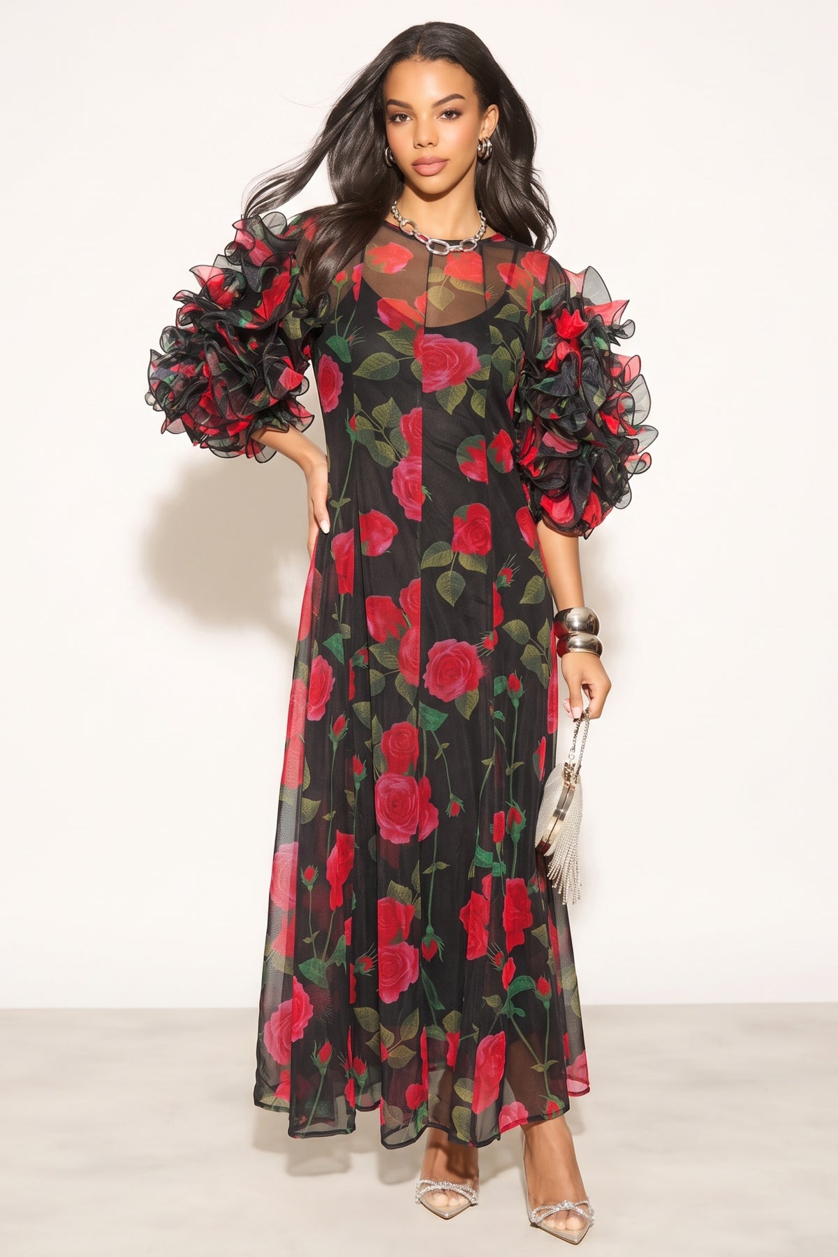 Statement Rose Print Ruffle Sleeve Mesh Maxi Dress