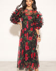 Statement Rose Print Ruffle Sleeve Mesh Maxi Dress