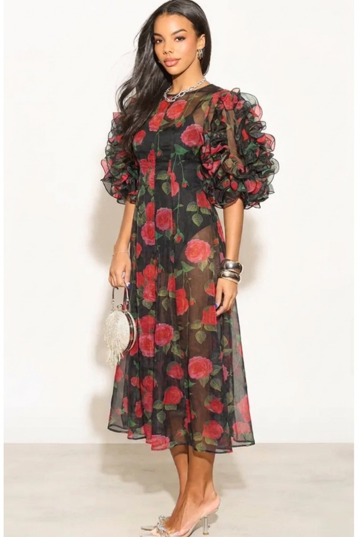 Statement Rose Print Ruffle Sleeve Mesh Maxi Dress
