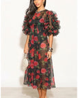 Statement Rose Print Ruffle Sleeve Mesh Maxi Dress