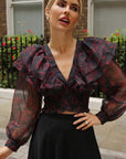 Statement Organza Ruffle Crop Top in Red Rose Print