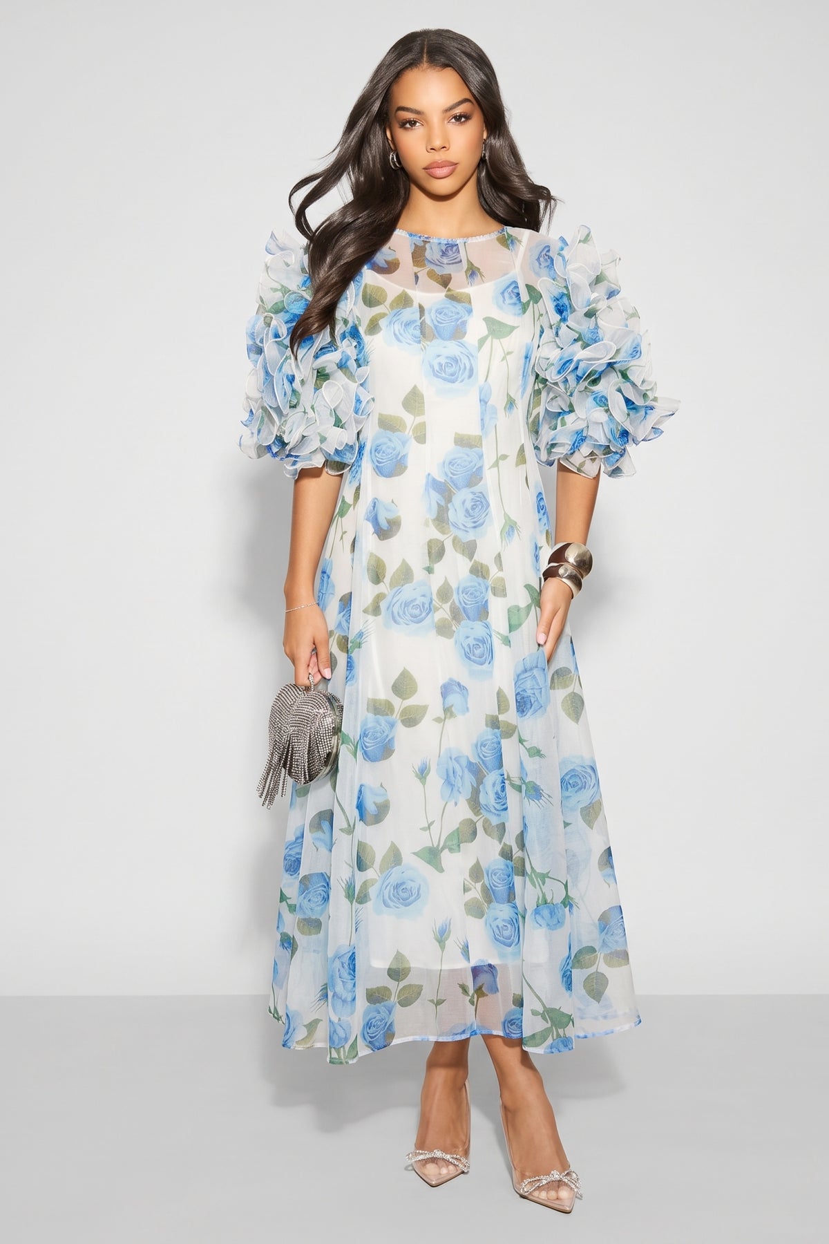 Statement Rose Print Ruffle Sleeve Mesh Maxi Dress