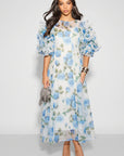 Statement Rose Print Ruffle Sleeve Mesh Maxi Dress