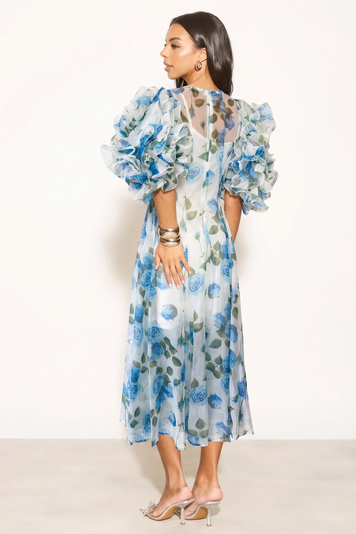 Statement Rose Print Ruffle Sleeve Mesh Maxi Dress