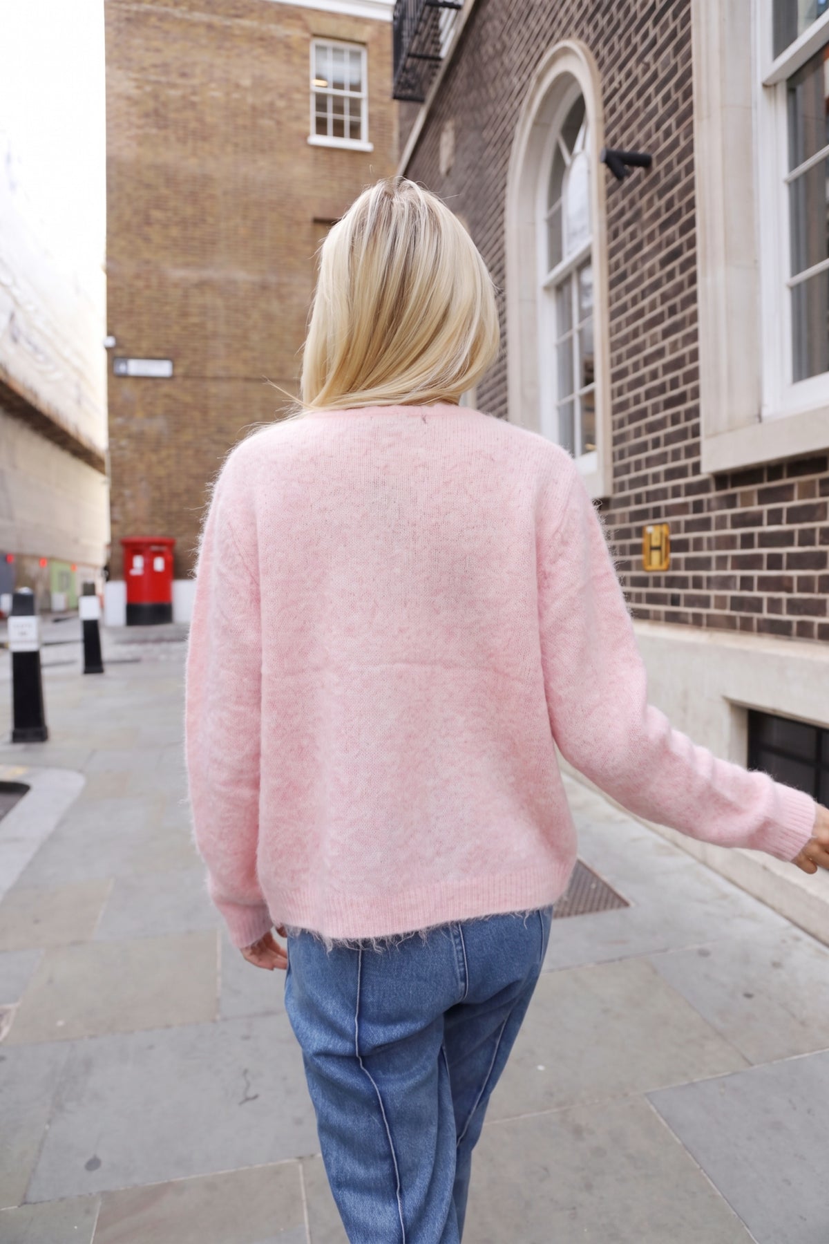 Statement Abstract Floral Embellished Fluffy Knit Cardigan in Pink