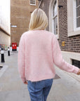 Statement Abstract Floral Embellished Fluffy Knit Cardigan in Pink