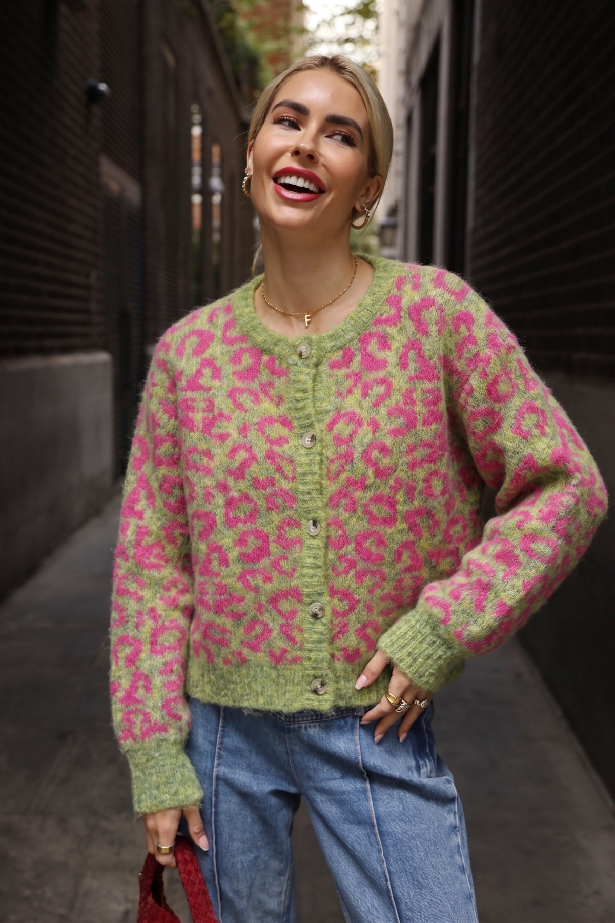 Leopard Print Fluffy Knit Cardigan in Green &amp; Pink