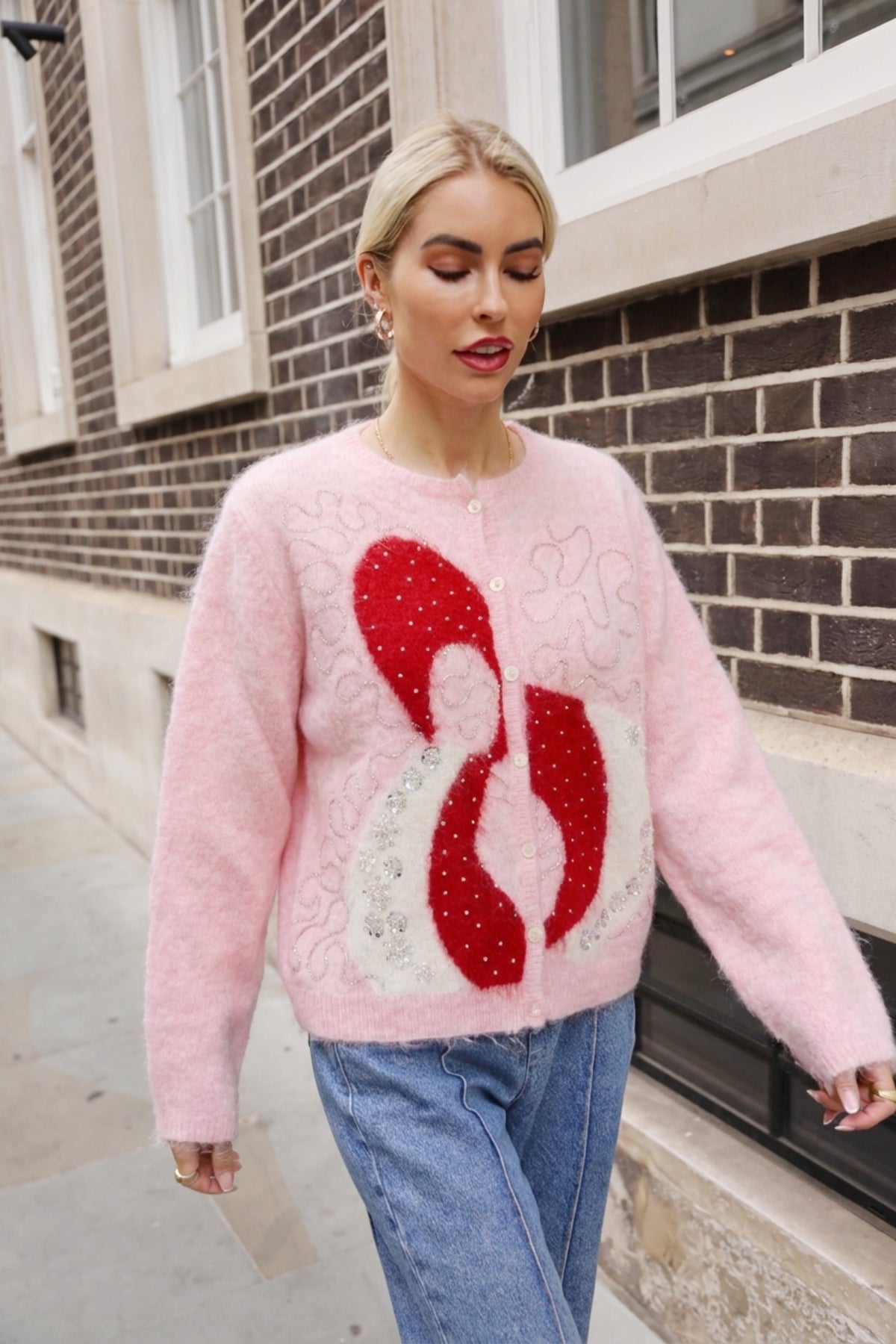 Statement Abstract Floral Embellished Fluffy Knit Cardigan in Pink