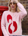 Statement Abstract Floral Embellished Fluffy Knit Cardigan in Pink