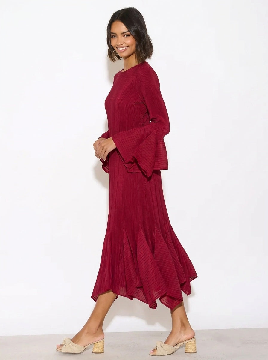 Pleated Fluted Sleeve Handkerchief Hem Maxi Dress with Belt in Burgundy