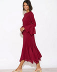 Pleated Fluted Sleeve Handkerchief Hem Maxi Dress with Belt in Burgundy