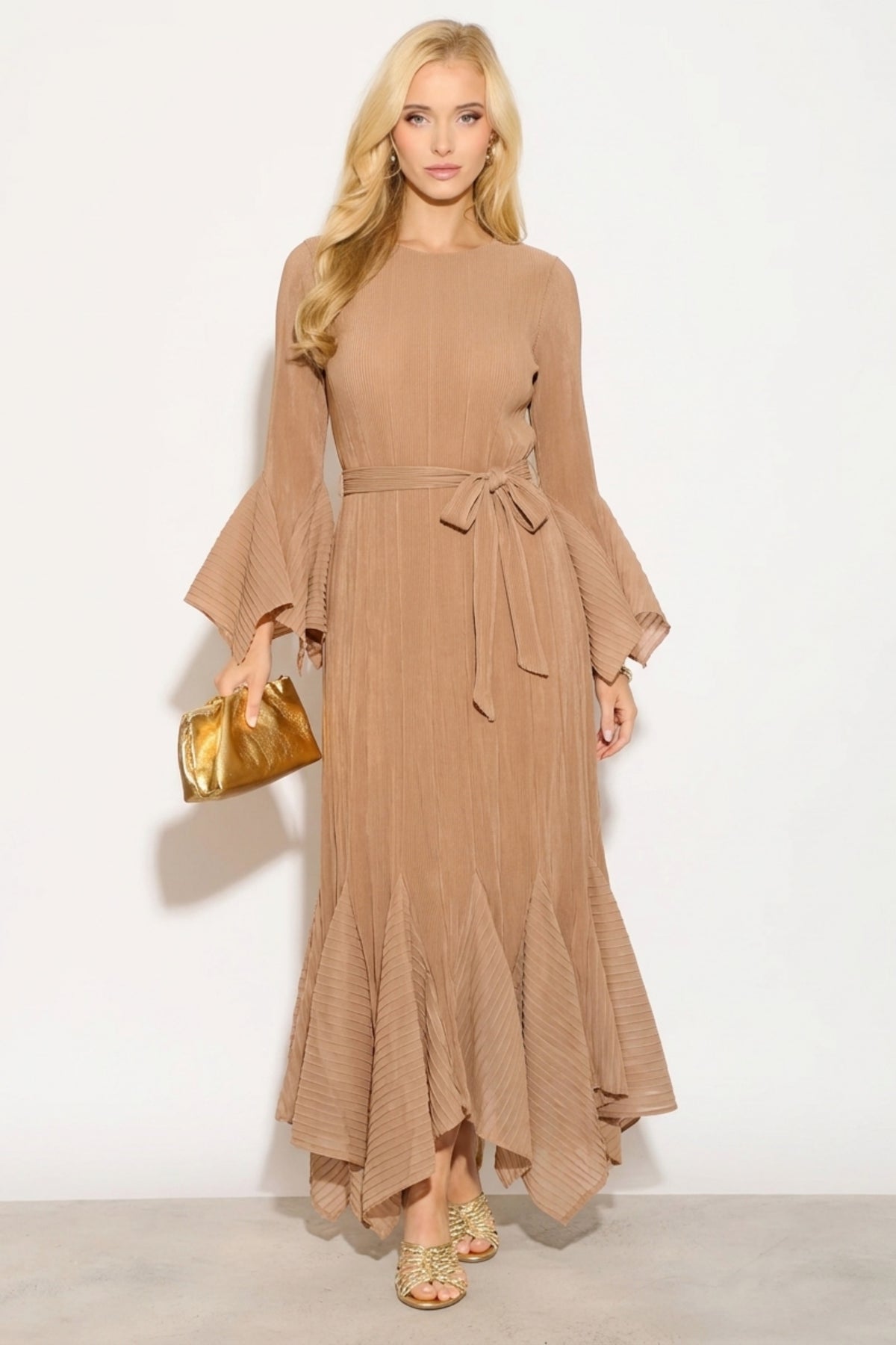 Pleated Fluted Sleeve Handkerchief Hem Maxi Dress with Belt in Camel