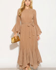 Pleated Fluted Sleeve Handkerchief Hem Maxi Dress with Belt in Camel