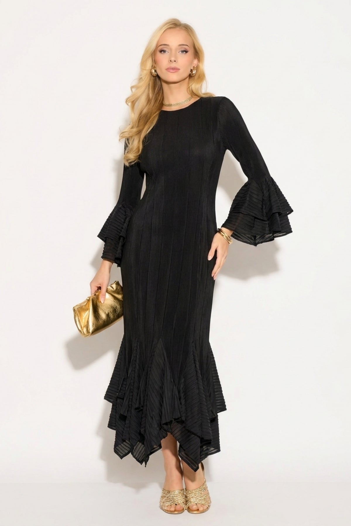 Pleated Fluted Sleeve Handkerchief Hem Maxi Dress with Belt in Black