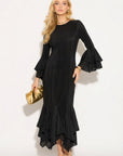 Pleated Fluted Sleeve Handkerchief Hem Maxi Dress with Belt in Black