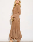 Pleated Fluted Sleeve Handkerchief Hem Maxi Dress with Belt in Camel