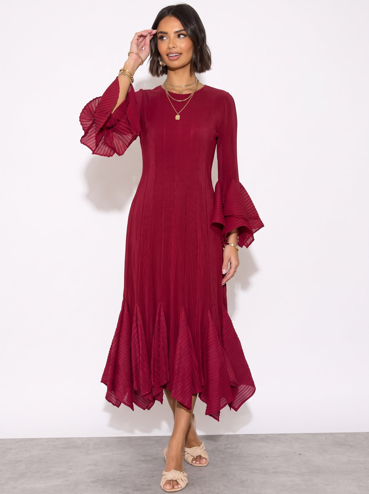 Pleated Fluted Sleeve Handkerchief Hem Maxi Dress with Belt in Burgundy