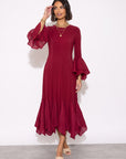 Pleated Fluted Sleeve Handkerchief Hem Maxi Dress with Belt in Burgundy