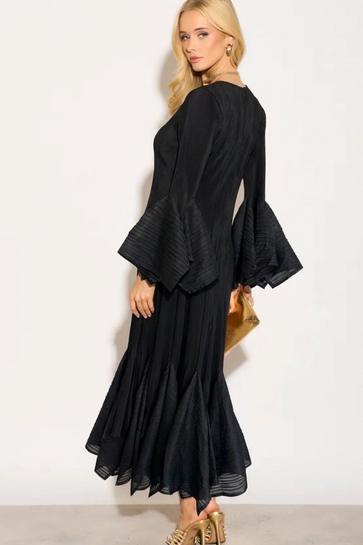 Pleated Fluted Sleeve Handkerchief Hem Maxi Dress with Belt in Black