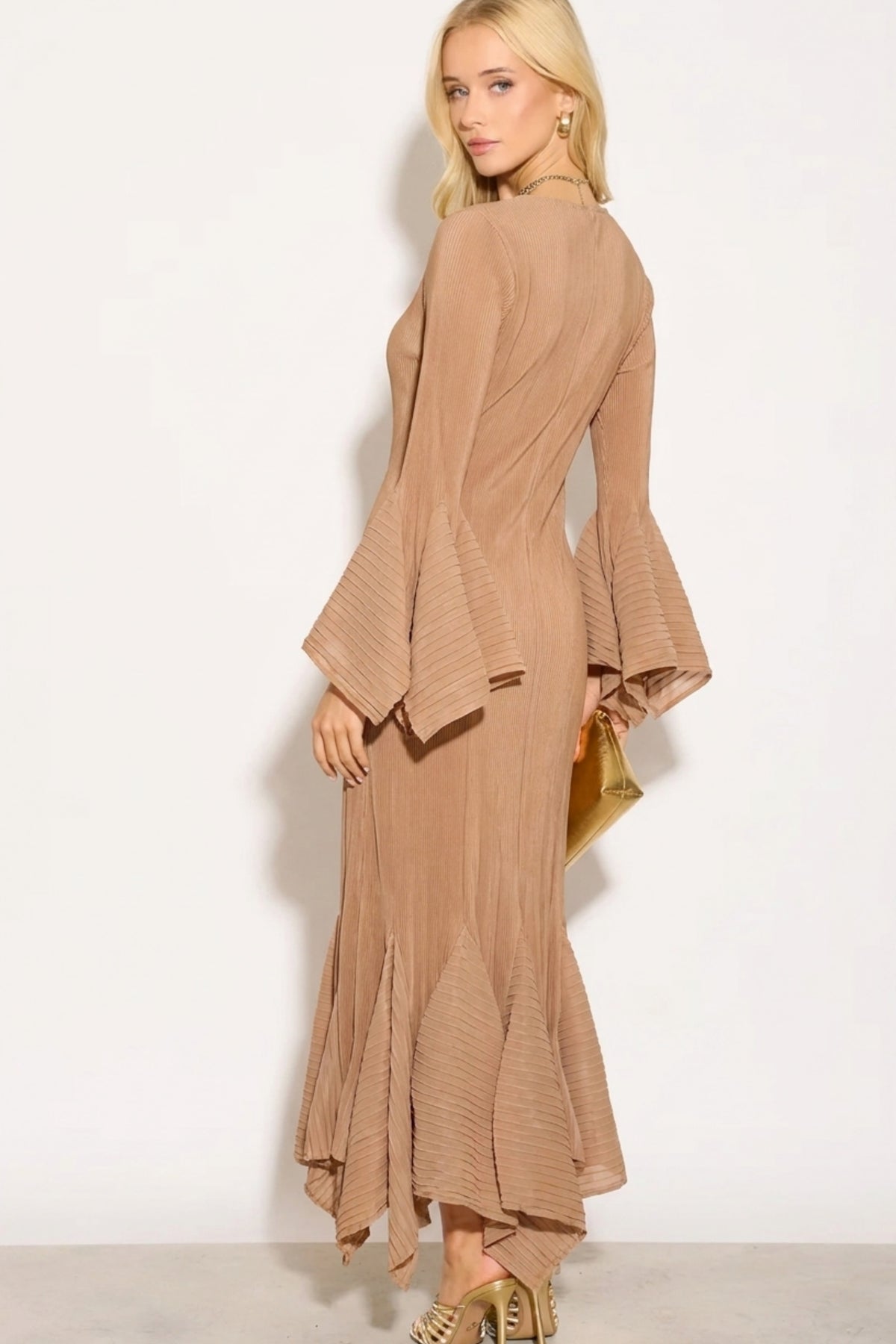 Pleated Fluted Sleeve Handkerchief Hem Maxi Dress with Belt in Camel