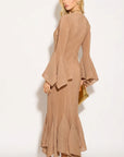 Pleated Fluted Sleeve Handkerchief Hem Maxi Dress with Belt in Camel