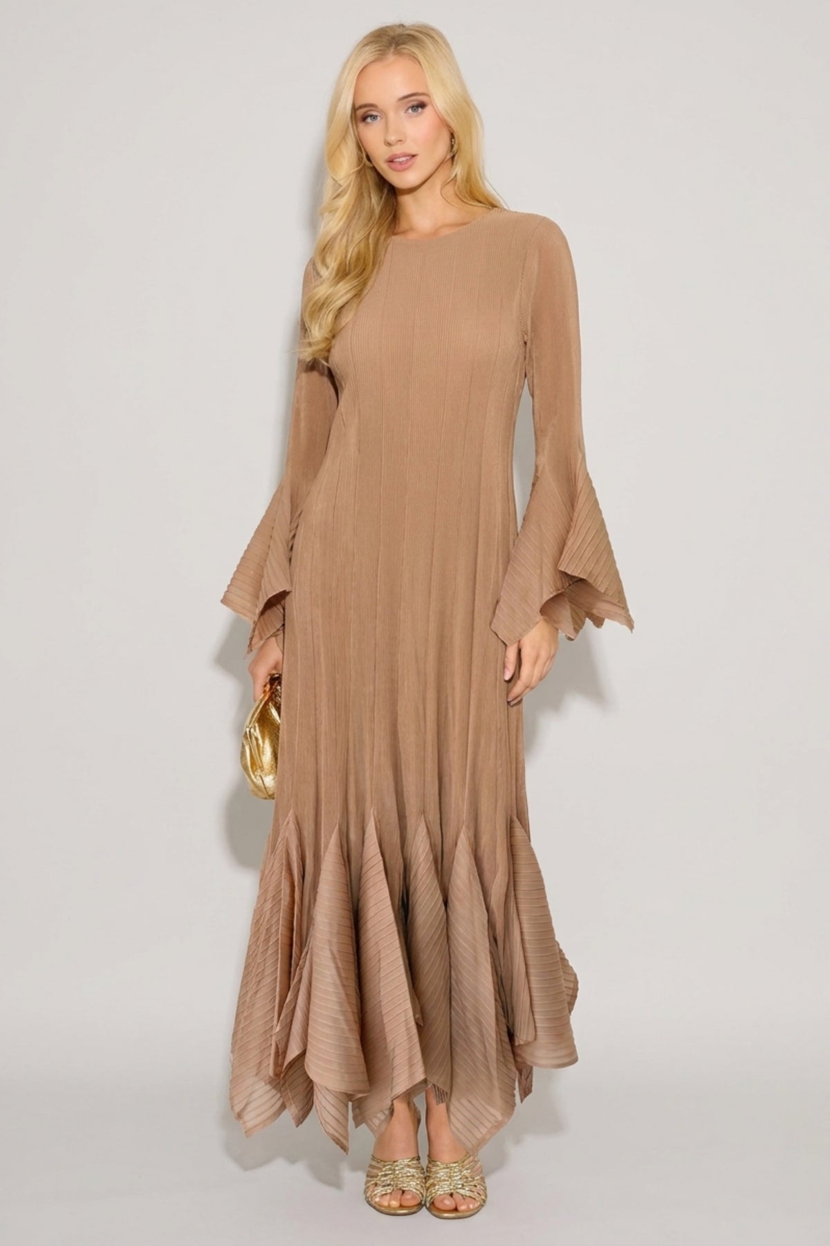 Pleated Fluted Sleeve Handkerchief Hem Maxi Dress with Belt in Camel