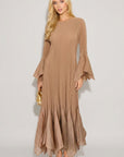 Pleated Fluted Sleeve Handkerchief Hem Maxi Dress with Belt in Camel