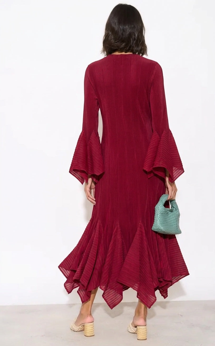 Pleated Fluted Sleeve Handkerchief Hem Maxi Dress with Belt in Burgundy
