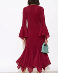 Pleated Fluted Sleeve Handkerchief Hem Maxi Dress with Belt in Burgundy