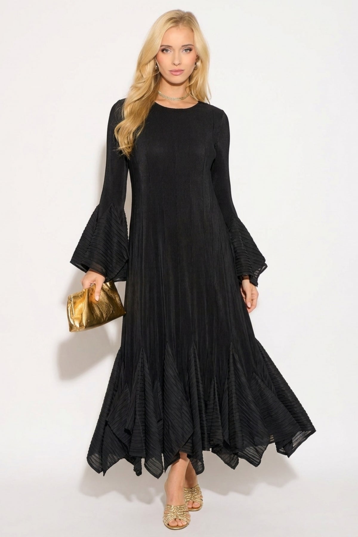 Pleated Fluted Sleeve Handkerchief Hem Maxi Dress with Belt in Black