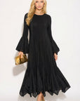 Pleated Fluted Sleeve Handkerchief Hem Maxi Dress with Belt in Black