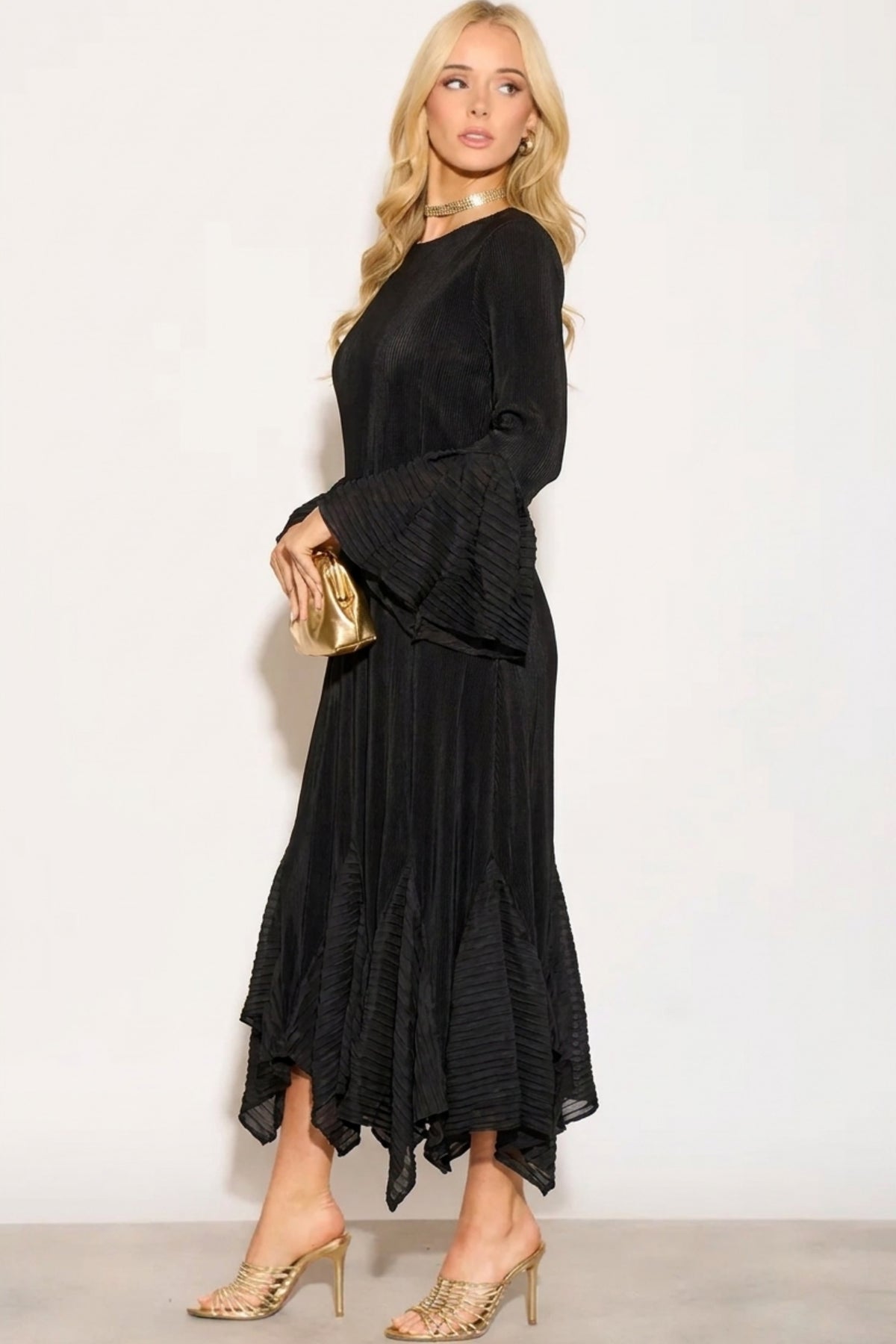 Pleated Fluted Sleeve Handkerchief Hem Maxi Dress with Belt in Black