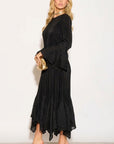 Pleated Fluted Sleeve Handkerchief Hem Maxi Dress with Belt in Black