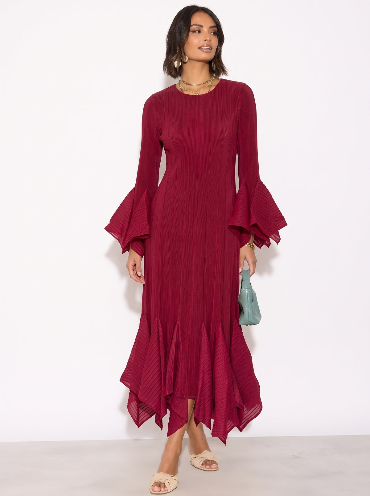 Pleated Fluted Sleeve Handkerchief Hem Maxi Dress with Belt in Burgundy