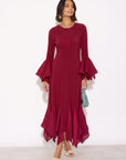 Pleated Fluted Sleeve Handkerchief Hem Maxi Dress with Belt in Burgundy