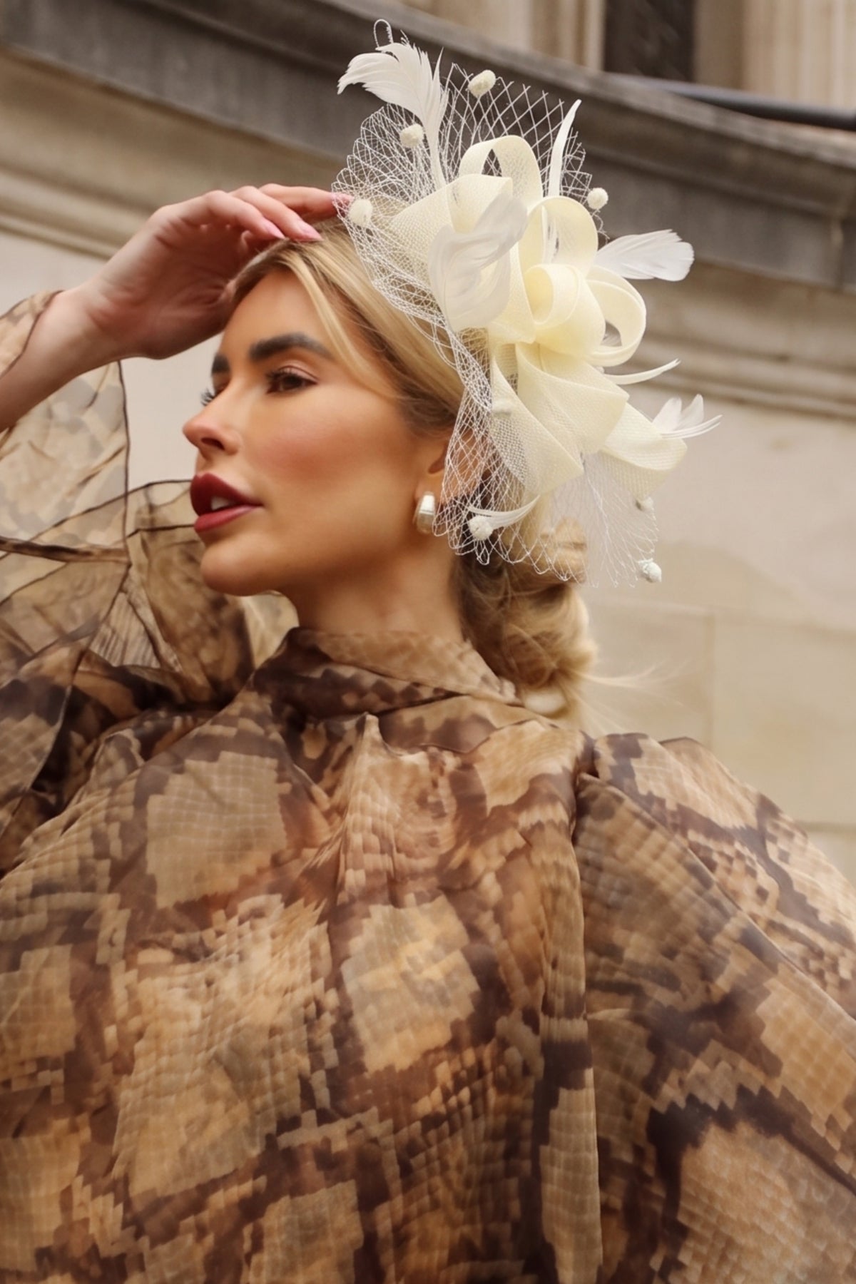 Feather Flower Fascinator with Netted Veil