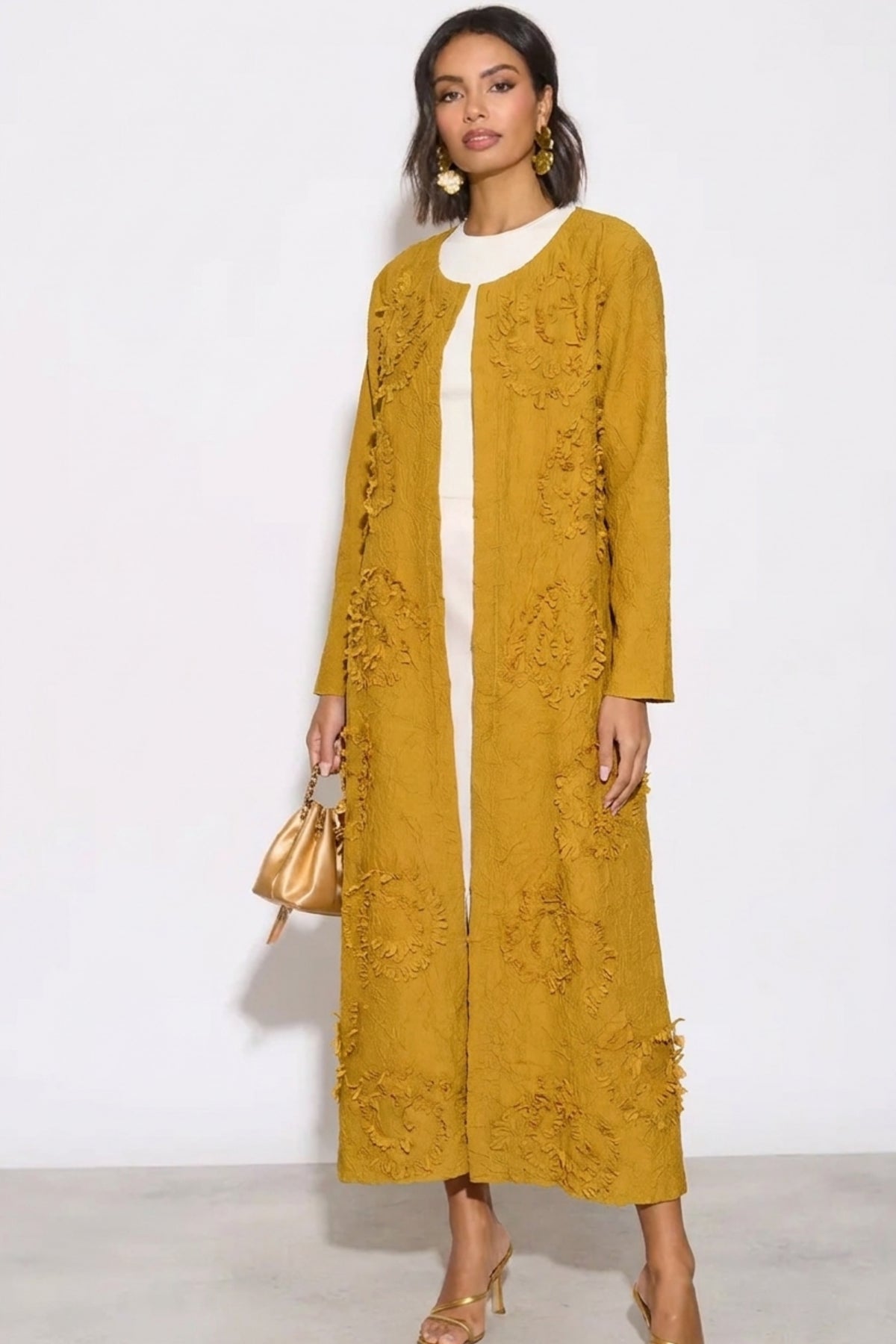Statement Textured Floral Longline Cardigan in Mustard