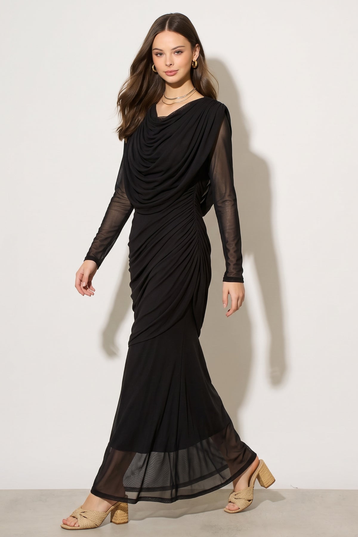 Statement Draped Mesh Layered Maxi Dress in Black