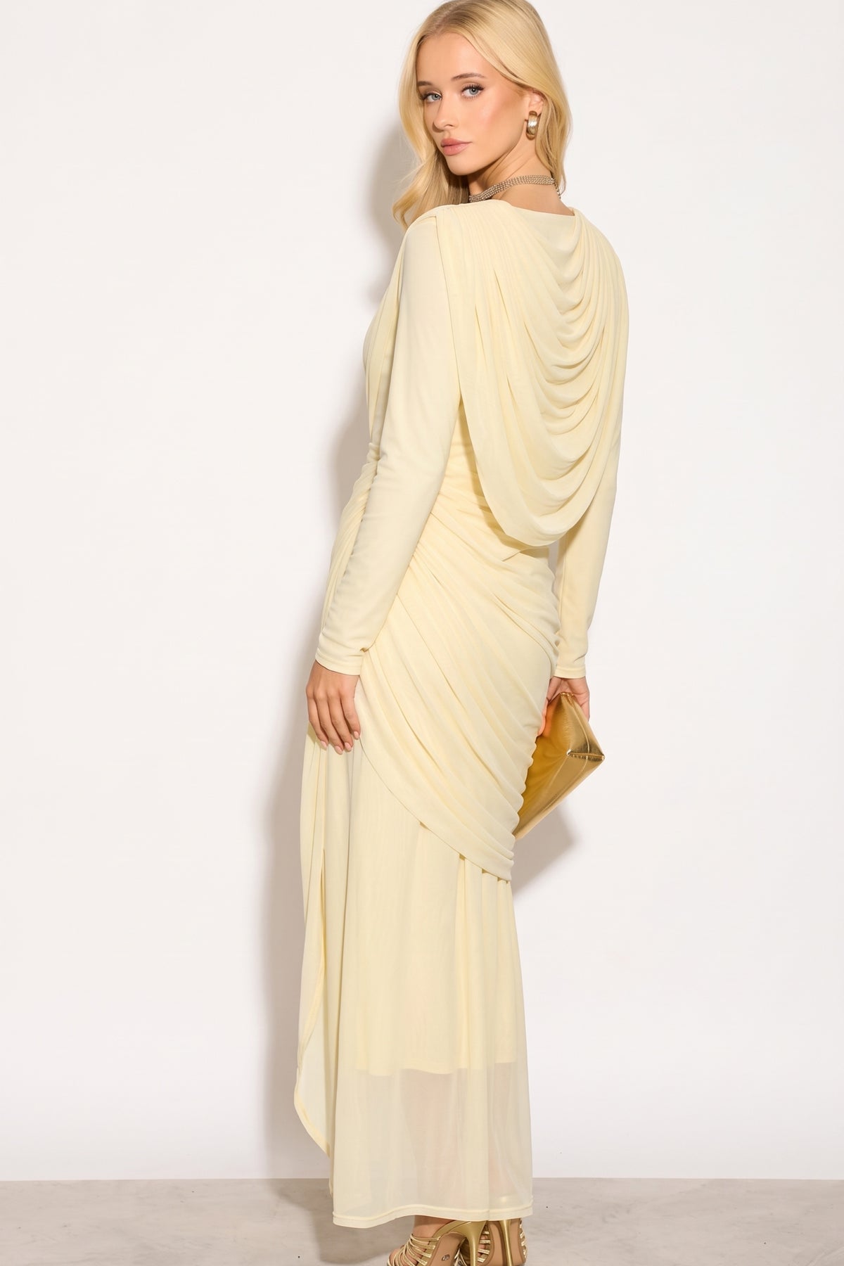 Statement Draped Mesh Layered Maxi Dress in Yellow