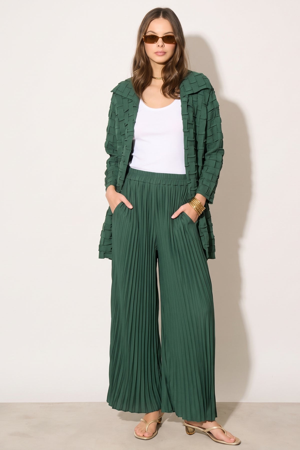 Textured Woven Jacket &amp; Pleated Wide-Leg Trousers Co-Ord Set