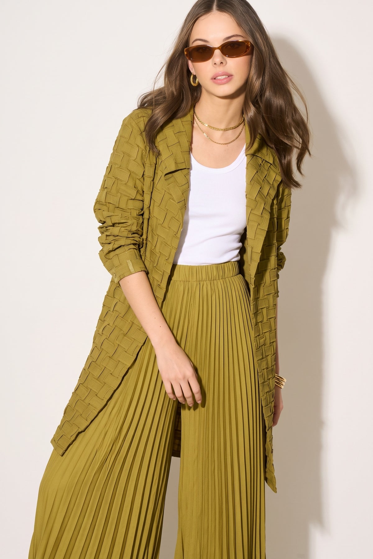 Textured Woven Jacket &amp; Pleated Wide-Leg Trousers Co-Ord Set