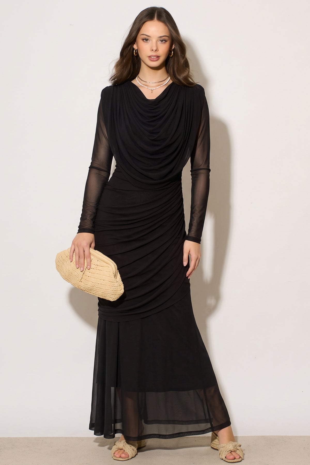 Statement Draped Mesh Layered Maxi Dress in Black