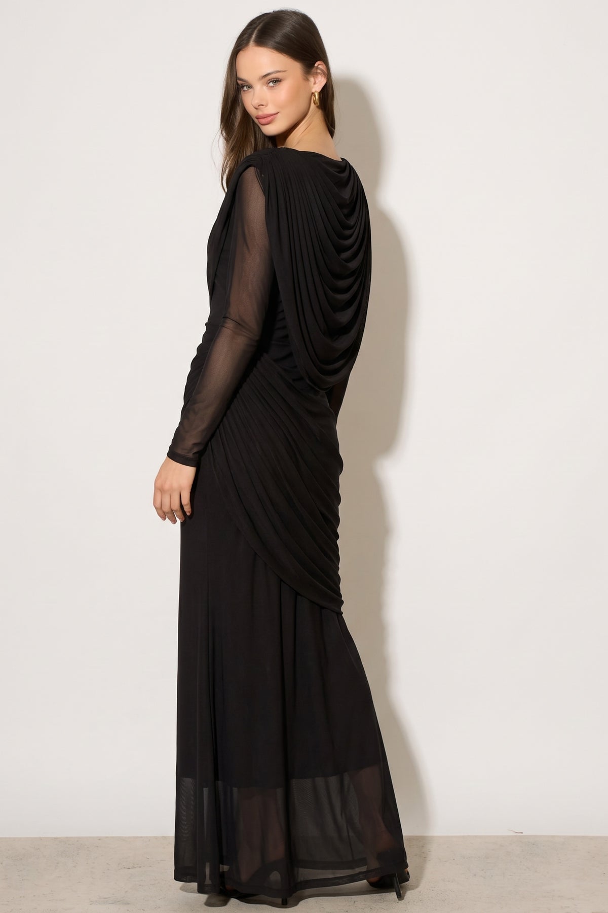 Statement Draped Mesh Layered Maxi Dress in Black