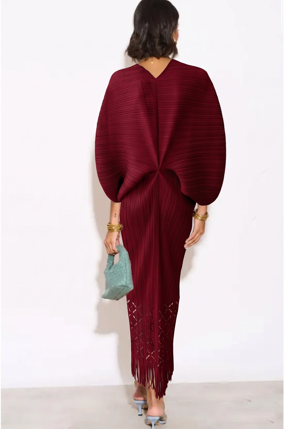 Floral Cutwork Pleated Kimono Sleeve Midi Dress