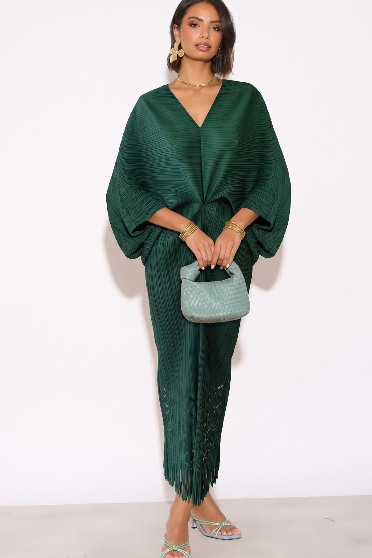 Floral Cutwork Pleated Kimono Sleeve Midi Dress
