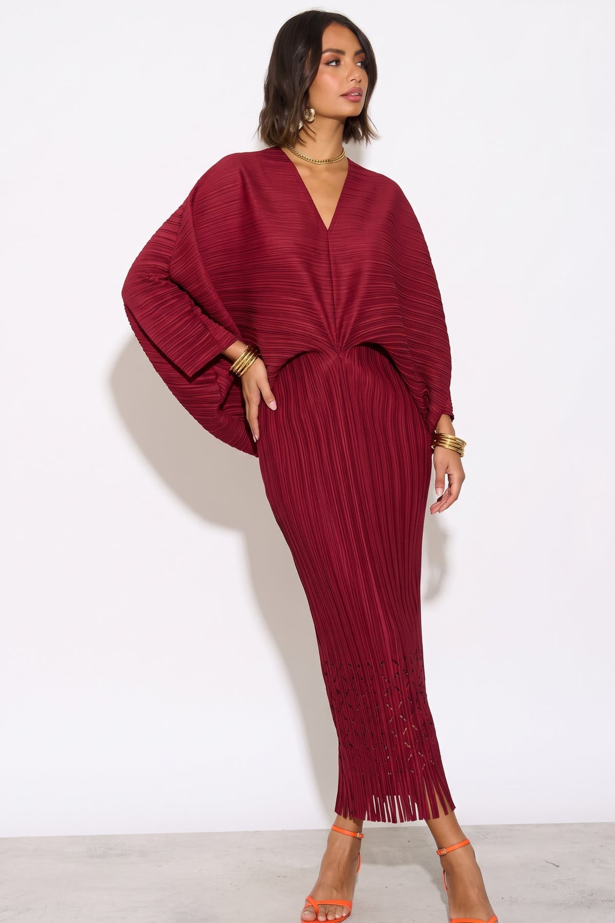 Floral Cutwork Pleated Kimono Sleeve Midi Dress