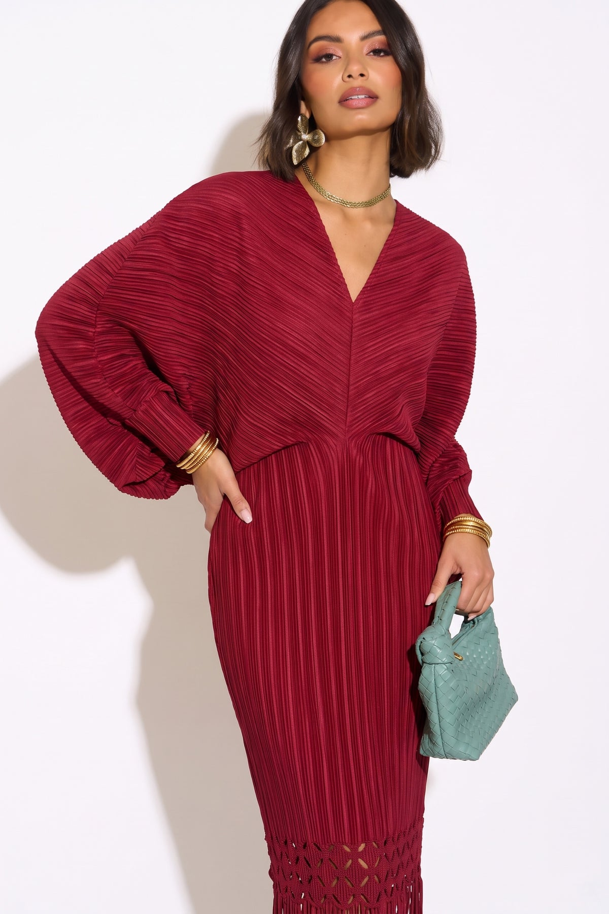 Floral Cutwork Pleated Kimono Sleeve Midi Dress