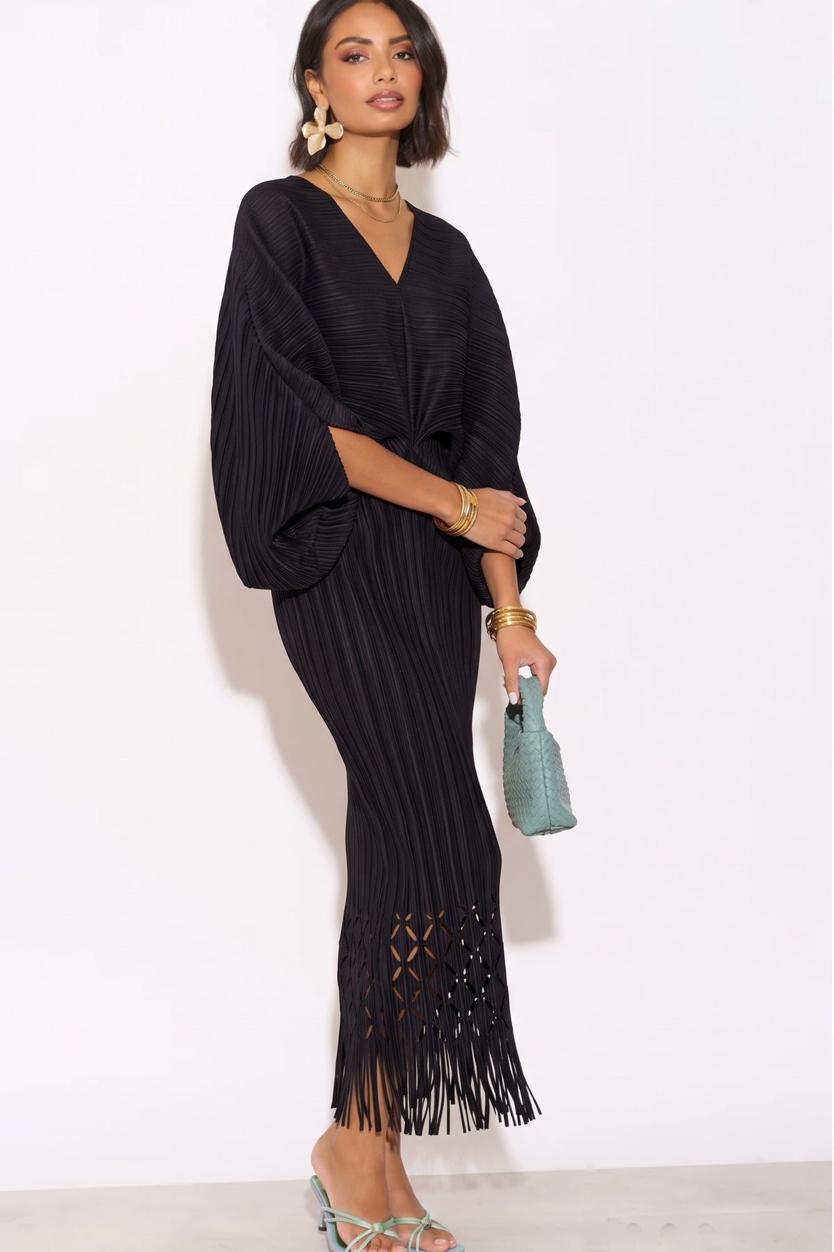 Floral Cutwork Pleated Kimono Sleeve Midi Dress