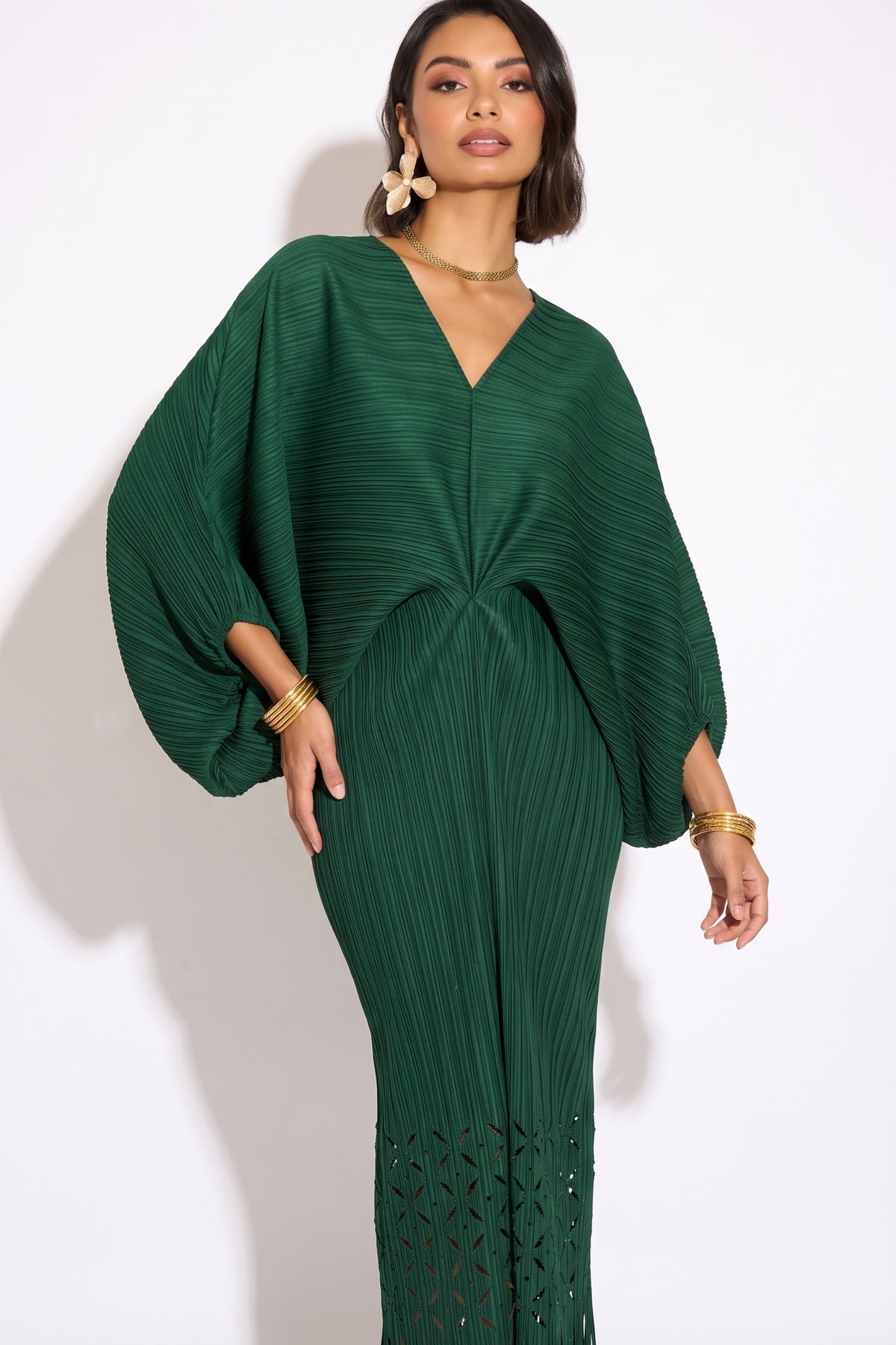 Floral Cutwork Pleated Kimono Sleeve Midi Dress